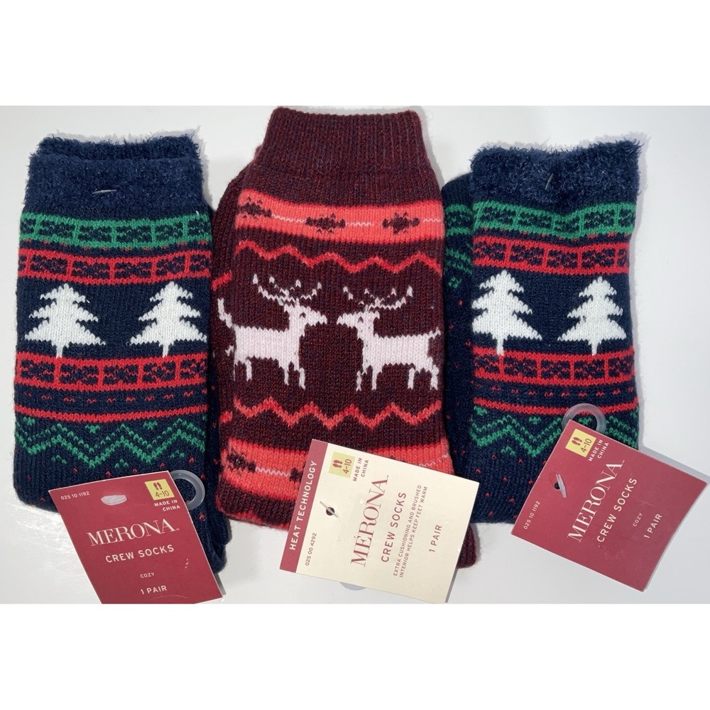 NWT Lot 3 Pairs Merona Cozy Crew Socks - Christmas Trees & Reindeer Size 4-10